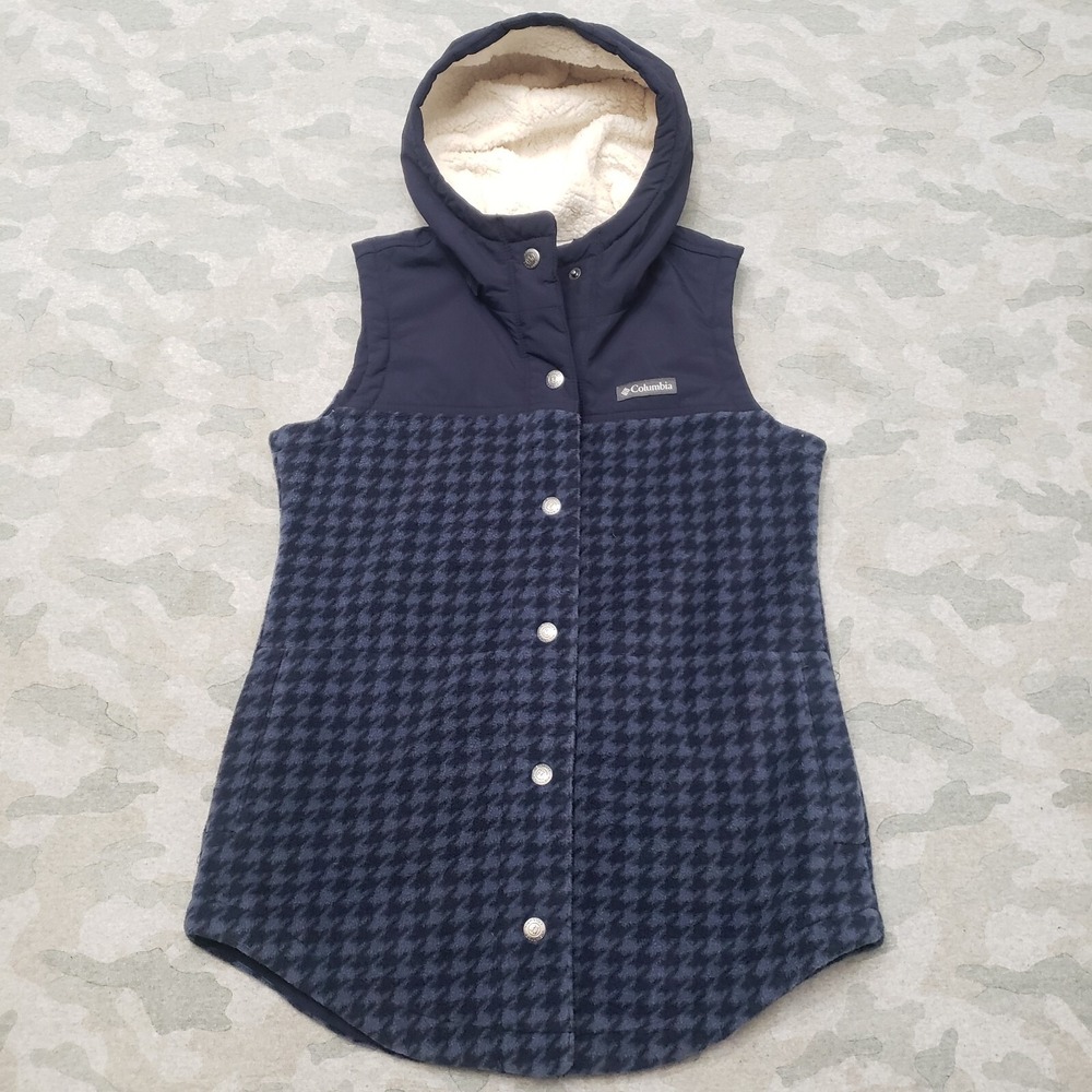 Columbia Vest Womens Small Blue Snap Up Sleeveless Hooded Houndstooth